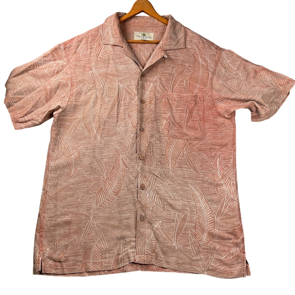 Island Shores Silk Camp Shirt Mens Large Salmon‎ Pink Leaf Jacquard